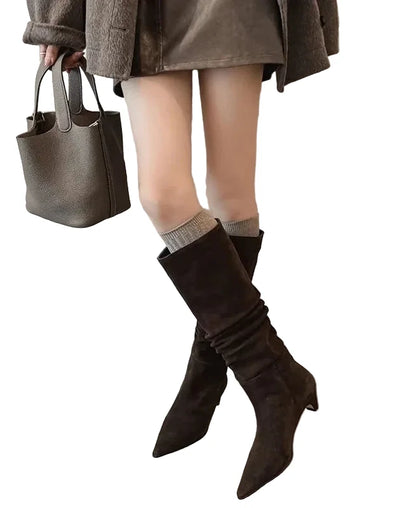 🍒Autumn winter womens footwear cow suede leather heeled boots pointed toe high heel slip-on knee high western footwear No Per-SUEDEing Neccessary