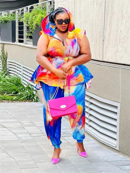 🍒Plus size two piece women colourful party outfit tie dye  sleeveless hoodie set casual loose top and pants matching set beach party clothes holiday wear Get TIEd to Colour I know Your DYEing To