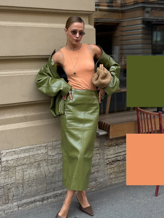 🍒Leather fashion jackets women skirt sets zipper loose coat wth stand up collar and straight midi skirt chic autumn party wear occasion wear smart casual clothing for women They Will Envy Your Leather