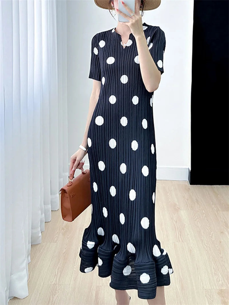 🍒Womens dresses evening summer ladies clothing with polka dots v-neck high end clothes loose pleated  Dont Delay Dart for Dots