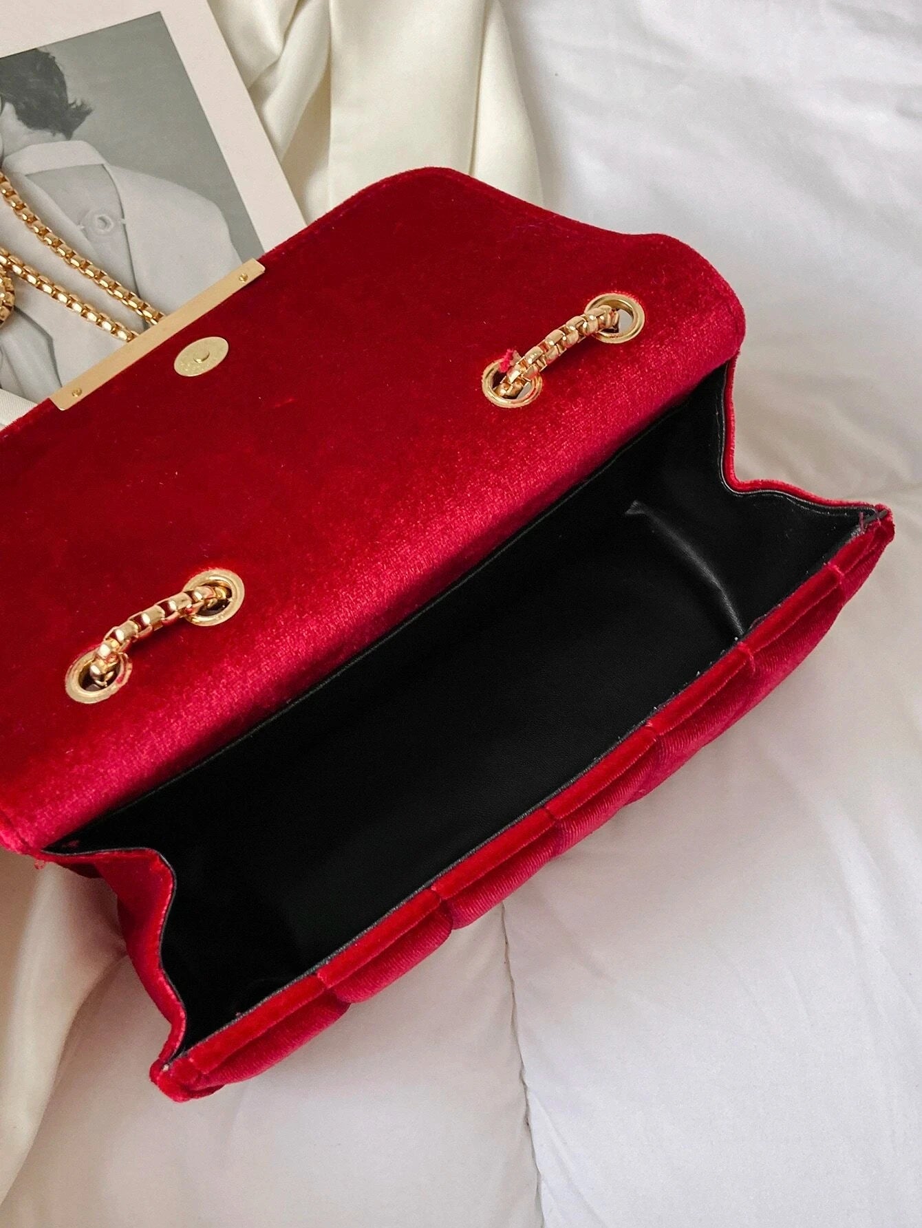 🍒Velvet square bag red shoulder crossbody bag fashion dating gift Bag with chain strap for women evening clutch for occasion     RED- irect Your FASHION