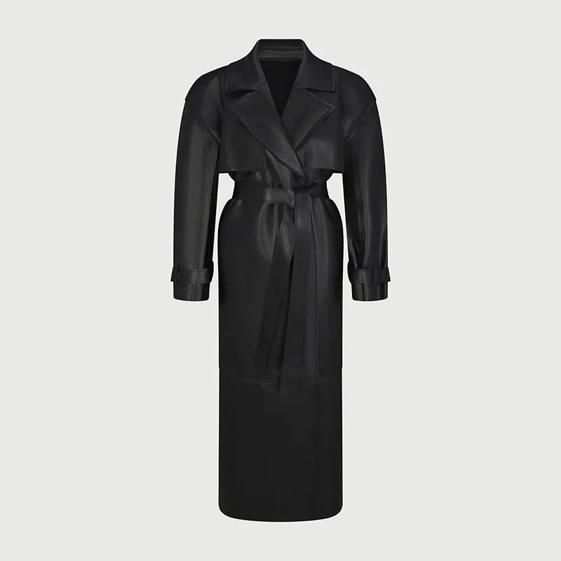 🍒faux leather women coat with lapel long Y2K solid belt and pocket long sleeve pu trench fall winter outwear female Faux Fans Fast Forward