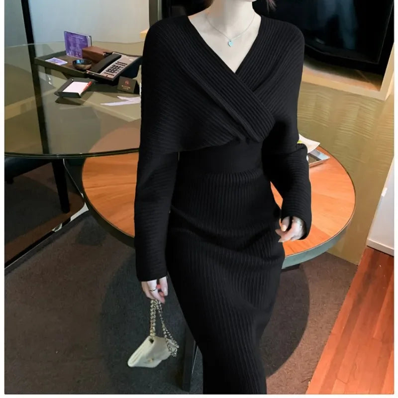 🍒V-neck knit dress criss cross elasticated waist batwing sleeve outfit slim fit elegant autumn winter fashion smart casual wear women Jump Into Knits