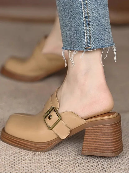 🍒Genuine leather buckle shoe open back mules for ladies smart casual summer footwear commuter thick heel slides