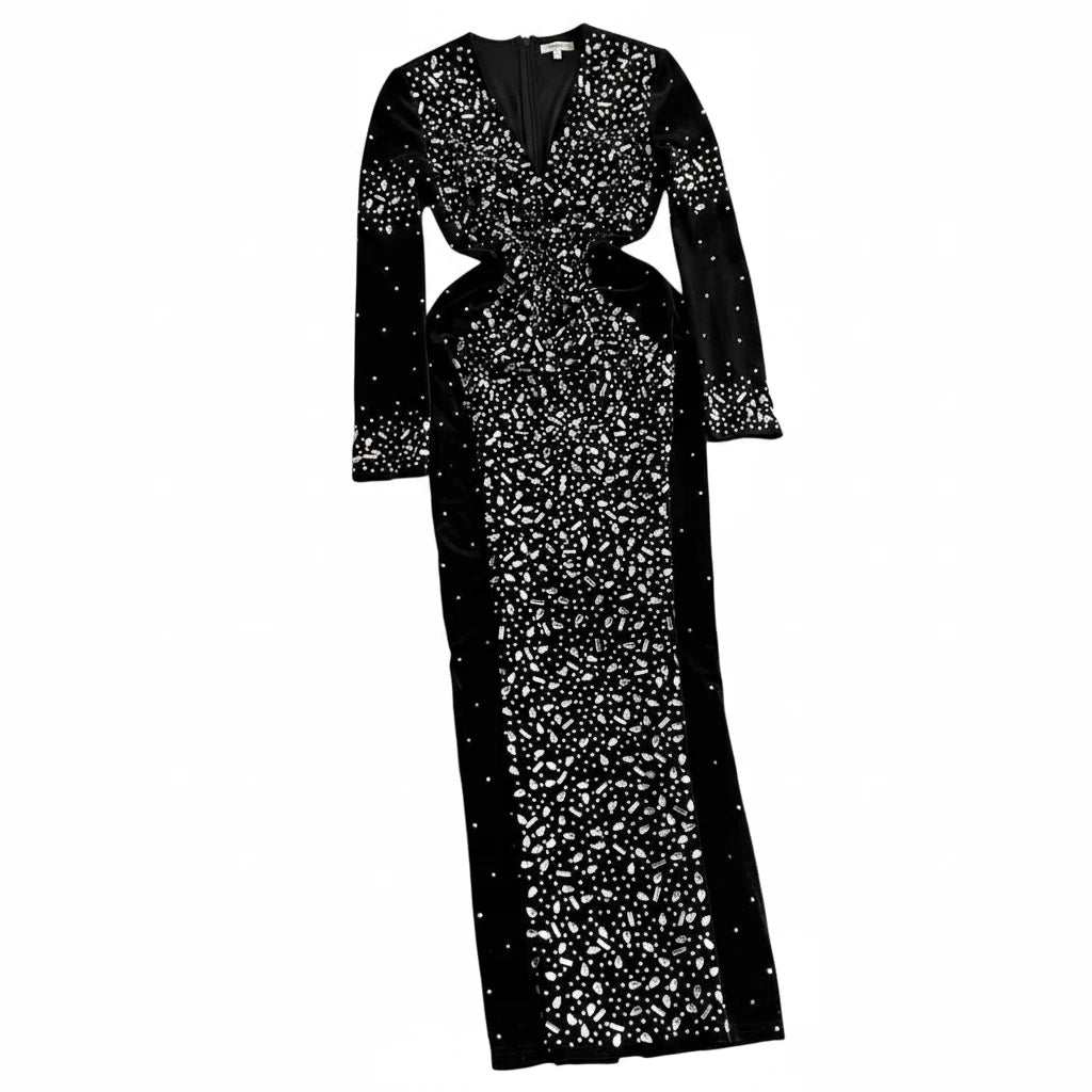 🍒Bodycon o-neck long sleeve dress glitter rhinestone outfit velvet chic vintage style clothing chic autumn fall fashion party occasion wear Get Wine Stoned