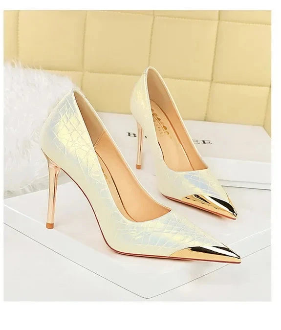 🍒Metalic high heel pumps for women elegant party stillettoe thin heels shoes for occasions party wear footwear GOLDen TIP PUMP Up Your Fashion Volume