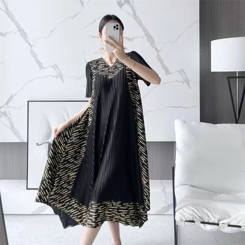 🍒Long dresses spring and autumn clothes plus size outfit a-line smart casual women pleated ring printed party wear A- Swirl Of a Dress