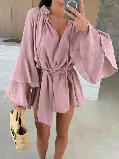 🍒Elegant fold dress women brown deep v-neck long sleeve mini dress female spring summer loose fashion clothes party occasion wear Blouse Up In  a Dress