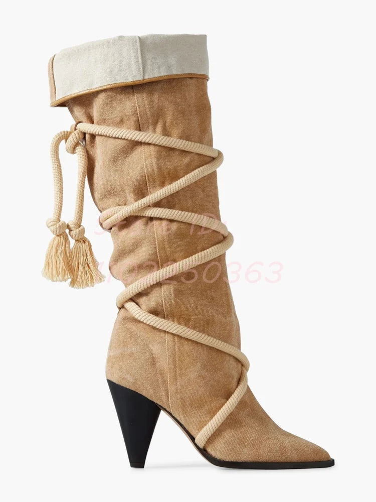 🍒Retro boots cross-tied shaped heel solid brown pointed toe shoes lace-up fringe mid-calf boots women fashion footwear Retro Roads