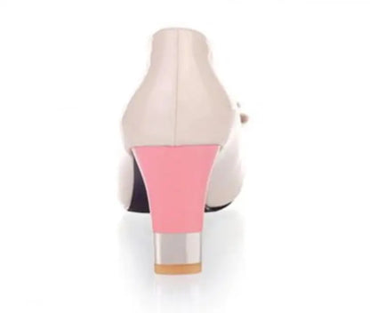 🍒Colour block heels women's thick high shoes with bow on them pastel footwear for occasion party pumps pink and others Size 34-43 Treat Your Self To These Sweets