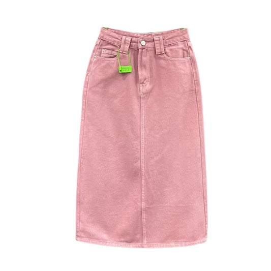 🍒High-waisted denim skirt pink colour a-line fashion skirt with back split midi fashion womens casual clothing denim wear       Pink Shade Of Blue Who Knew