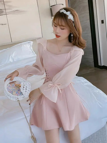 🍒Pink dresses women spring summer sweet heart neckline outfit a-line mini dress with puff sleeves lace up draw string sides waist feminine fashion A- Pretty Pink