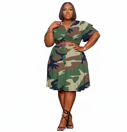 🍒Plus size skirt sets casual v-neck crop tops for women and matching camouflage short skirt two piece matching outfits Go Large In Camouflage