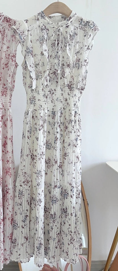 🍒Mid-length dresses for women printed high waisted outfit gentle literary pleated slim exquisite outfit smart casual flloral clothing