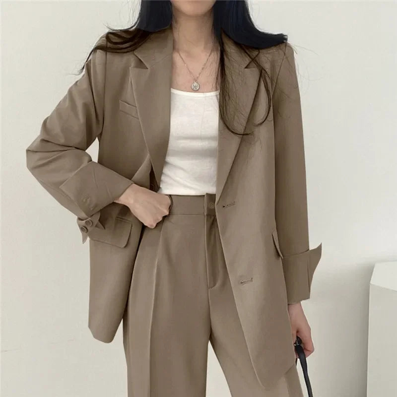 🍒Solid color women's suit set fashion loose casual wear 2 piece set office suits for ladies long sleeve pocket jacket formal wear strawbery choclate ...Suit Yourself