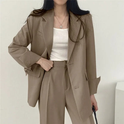 🍒Solid color women's suit set fashion loose casual wear 2 piece set office suits for ladies long sleeve pocket jacket formal wear strawbery choclate ...Suit Yourself