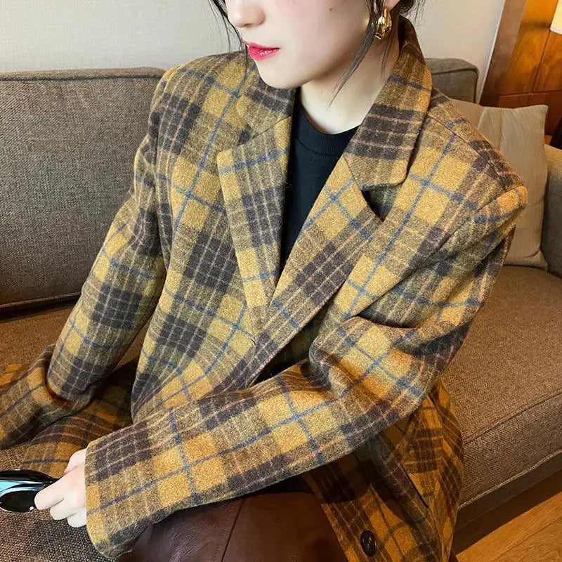 🍒Womens brown blazer vintage wool plaid Jacket autumn winter british style trendy eye catching yellow check coat long sleeve female smart casual clothing Chunky Check Charm