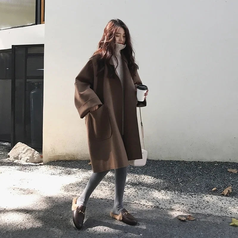 🍒Winter wool trench coat women mid to long loose and versatile simple fashion clothes oversize coat jacket smart casual outerwear women Pocket a cool Jacket
