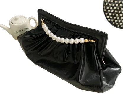 🍒Womens pleated clutch large chain design pearl handbag banquet envelope evening bag large capacity clutch for occasion smat casual accessories SHINE with a PATENT and CLUTCH your cool
