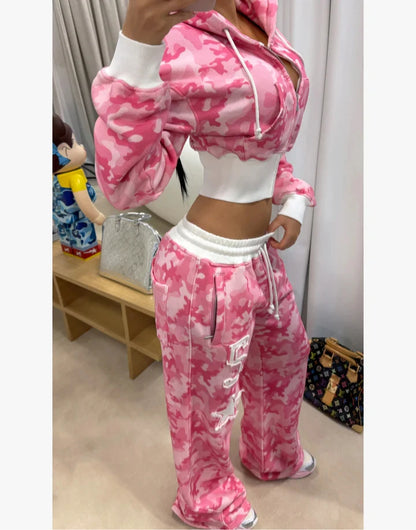 🍒Pink two piece sportswear camo short hoodie for women y2k fashion wear camo top plus matching camo sports pants set Fight For Your Pink Camo