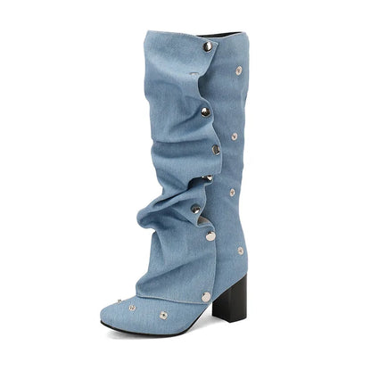 🍒Denim boots for Women blue multi snap-fastener pleated shoes with zip wide calf length boots winter footwear Cute Cowboy