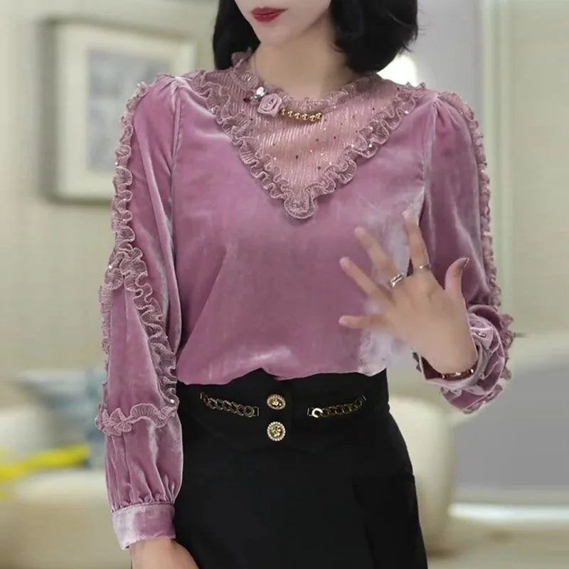 🍒Velvet patchwork blouse sweet womens ruffle top puff sleeve shirt vintage style clothing baroque beading sequin luxury lace fashion wear Move Into mauve