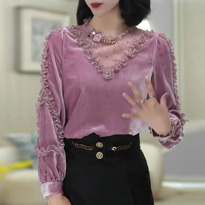 🍒Velvet patchwork blouse sweet womens ruffle top puff sleeve shirt vintage style clothing baroque beading sequin luxury lace fashion wear Move Into mauve