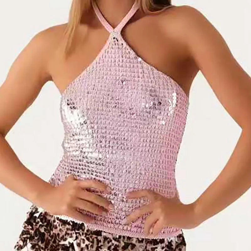 🍒Glitter camisole sequin shiny top womans halter tie-up backless tank spring summer night club clothes beach wear Y2K fashion This Will Be The Sole Of Your Camis