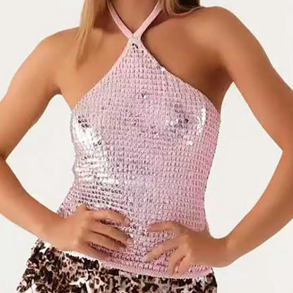 🍒Glitter camisole sequin shiny top womans halter tie-up backless tank spring summer night club clothes beach wear Y2K fashion This Will Be The Sole Of Your Camis