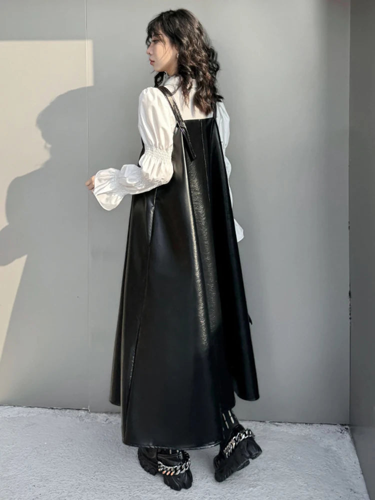 🍒Black faux leather dress big swing size midi spaghetti strap square neck outfit pu shiny with seeveless occasion party wear clothing smart casual women Black Swirly Pearl