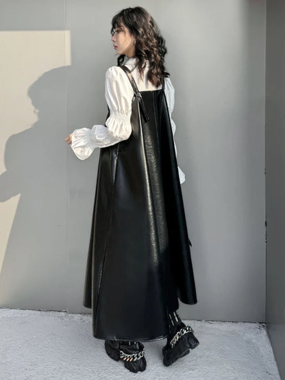 🍒Black faux leather dress big swing size midi spaghetti strap square neck outfit pu shiny with seeveless occasion party wear clothing smart casual women Black Swirly Pearl