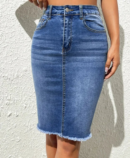 🍒 Denim knee mid length Skirt slim fit high waist solid casual women's fashion regular elegant raw hem bodycon button and Pocketed female Summer clothes Denim Day Doer