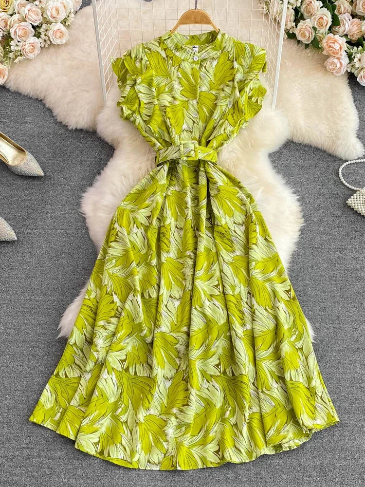 🍒 Printed midi dress high waist sleeveless a-line outfits elegant stand collar ruffle smart casual summer feminine fashion style Dont LEAF-e This In Your Basket Get This And You Will Be SKY High With Happiness