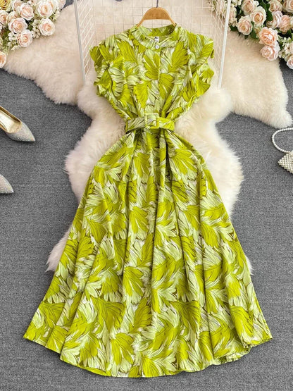 🍒 Printed midi dress high waist sleeveless a-line outfits elegant stand collar ruffle smart casual summer feminine fashion style Dont LEAF-e This In Your Basket Get This And You Will Be SKY High With Happiness