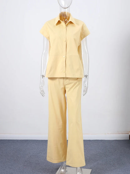 🍒Street style vest outfit with wide leg pants and short sleeve oversized jacket sets collar single-breasted waistcoat  women wide leg trousers summer casual outfits No PANTing in This SLEEVELESS