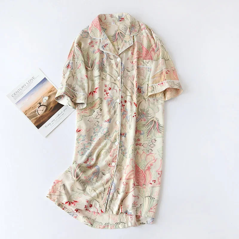 🍒Womens pyjama nightie cotton viscose comfy cardigan nightdress loose fit short sleeve nightgown floral print night wear sleep dress Comfort Cool