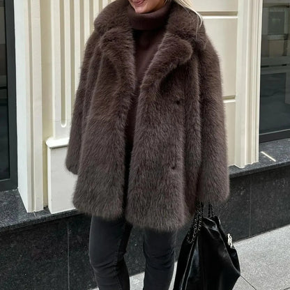 🍒Long Sleeve faux fur jacket with turn down collar loose fit short coat casual autumn jacket  winter outerwear Check Out This Chick