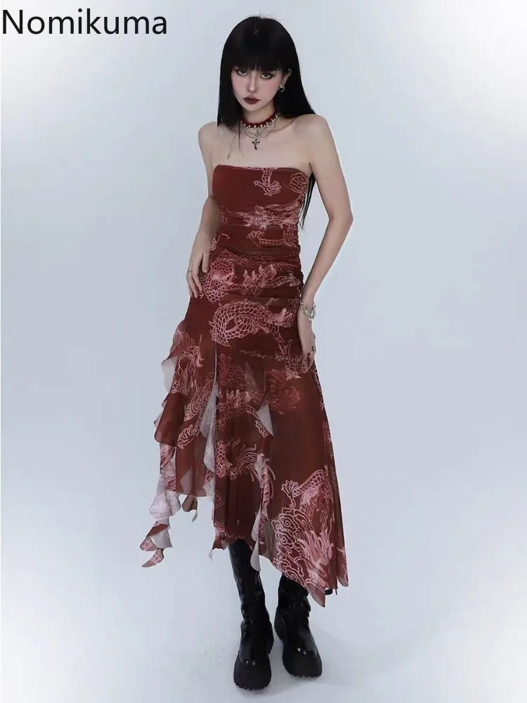 🍒Womens print chiffon dress party occasion wear sleeveless outfit women summer wear clothes Irregular fashionwear Relax In Red Rebel