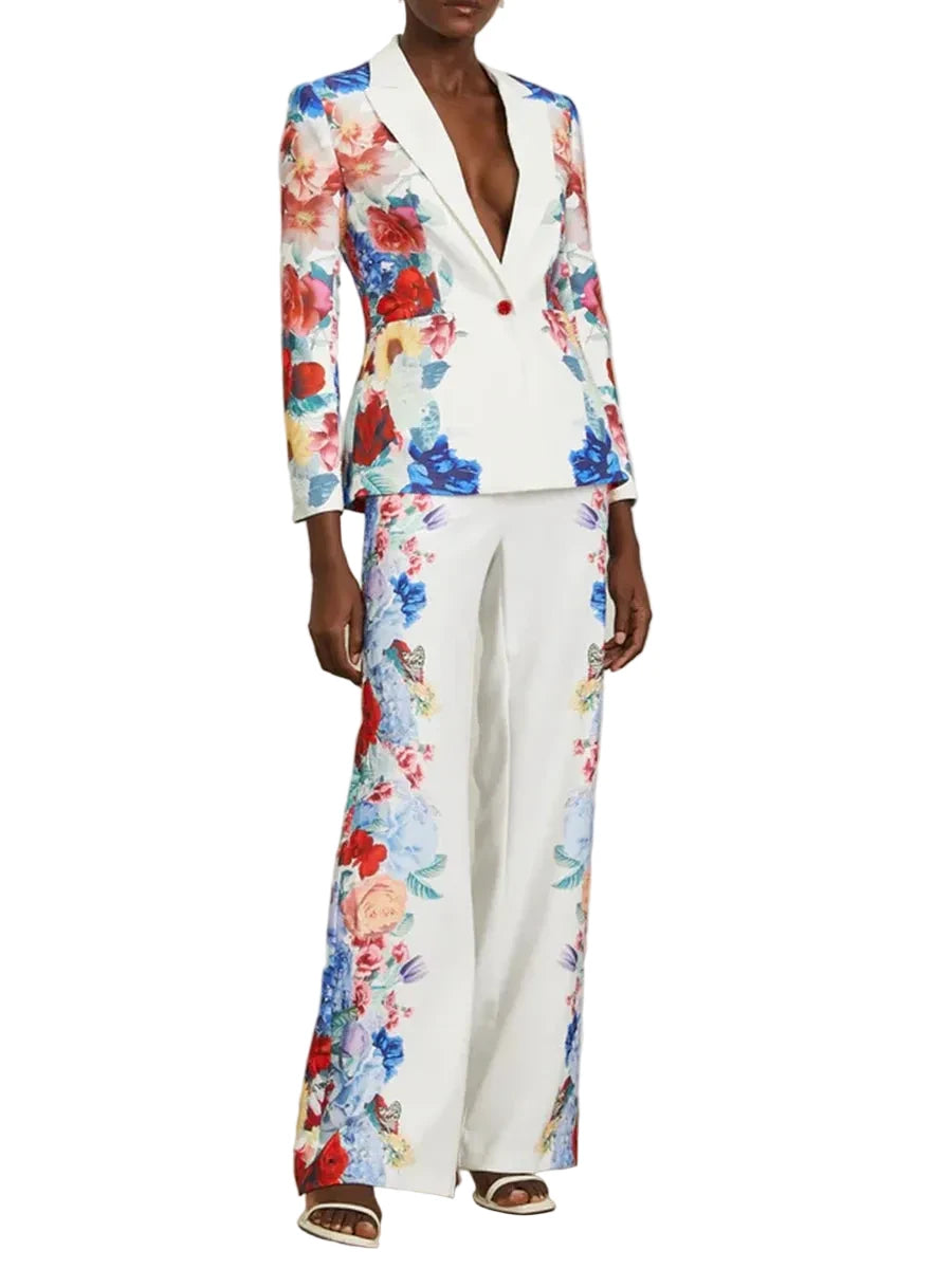 🍒Printed two piece pant set for women lapel long sleeves jacket  blazer and high waist wide leg trouser set floral fashion occasion wear party wear  keep aSIDE of FLORAL and SUITs