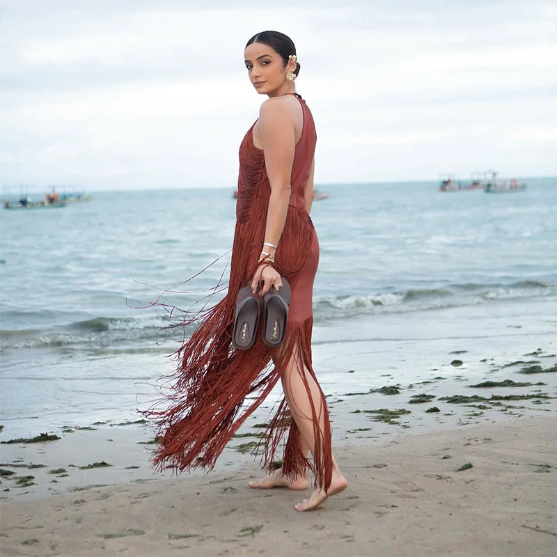 🍒Multi-layer tassel dress women's solid o-neck sleeveless cocktail dress elegant female fashion ball party outfit occasion wear club wear holiday beach party wear No Tossle Tassle