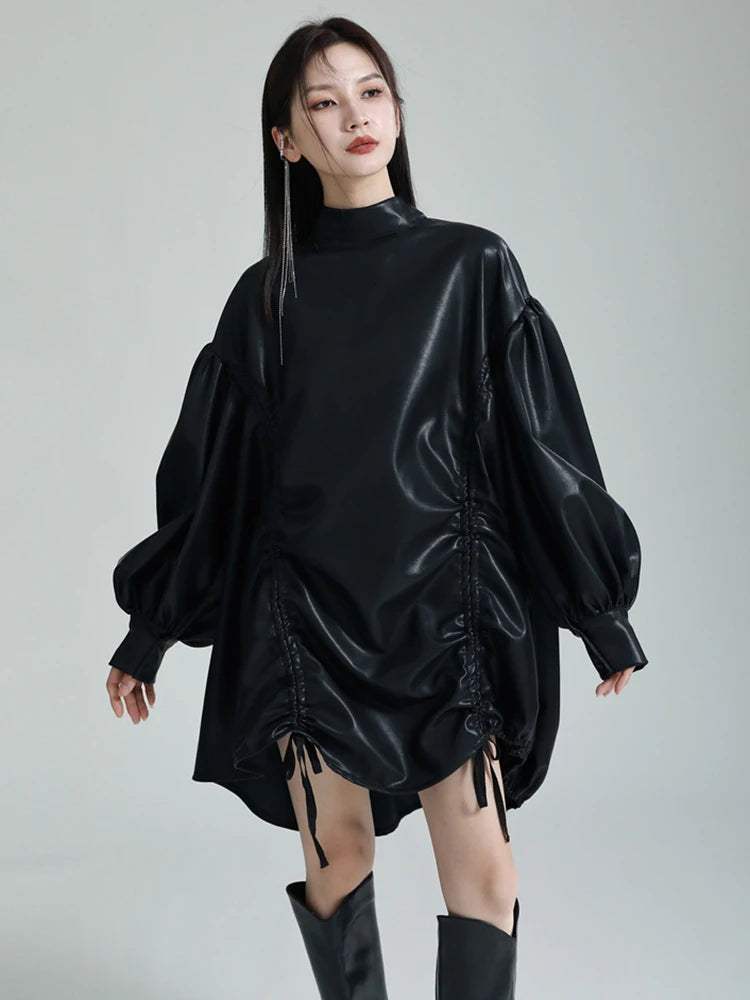 🍒Womens leather top drawstring turtle neck oversize jacket spring autumn fashion long sleeve outwear top smart casual clothing Get Looks In A Leather Look