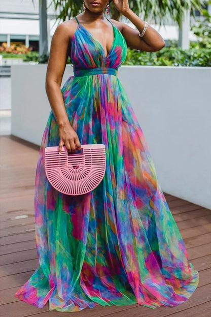 🍒Printed mesh maxi dress sleeveless high street fashion outfit for women long maxi frocks occasion partywear Cool Out In A Pool