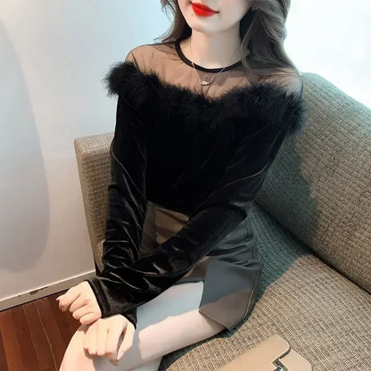 🍒Long sleeve velvet tops for women mixed media velvet fur top with mesh panel party occasion wear feminine clothing fashion Fluff Up In Velvet