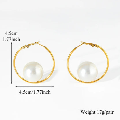 🍒Stainless steel large hoop earrings with pearl for women fashion exaggerated holiday Jewellery occasion earrings gift Bijoux Girly Pearl