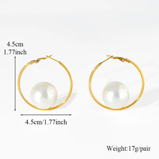 🍒Stainless steel large hoop earrings with pearl for women fashion exaggerated holiday Jewellery occasion earrings gift Bijoux Girly Pearl
