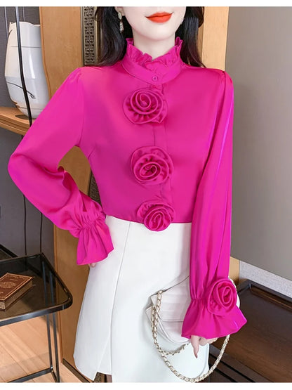 🍒Hot pink shirt high neck women flare cuff long sleeve classic fashion 3D flower blouse design feminine Clothing occasion party wear fashion Look HOT And ROSEy In PINK