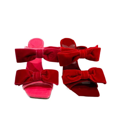 🍒Bow high heel sandals women's open shoes with square toe fashion smart casual footwear party occasion slippers sugar pink velvet pile sandals open toe Stiletto evening heels Bring Out Yor Best Bows