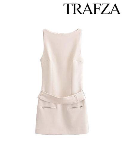🍒Women's summer solid mini dress sleeveless round neck elegant short outfit smart casual women vintage style clothing Sweet Shortie