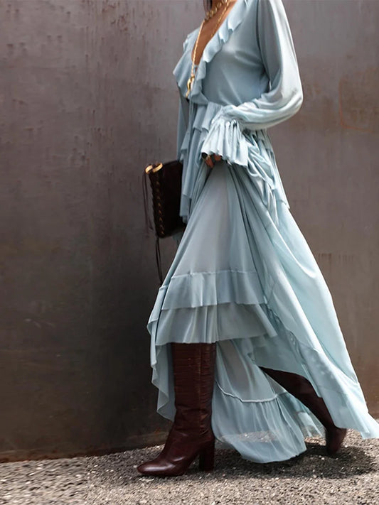 🍒Two piece set ruffled layered blouse shirt top for women plus  long skirt flared sleeves lace up v-neck pleated satin shirt loose feminine fashion wear summer out fit occasion wear party wear Relaxed Ruffles Get A slinky Blue Hue To wear To That Do