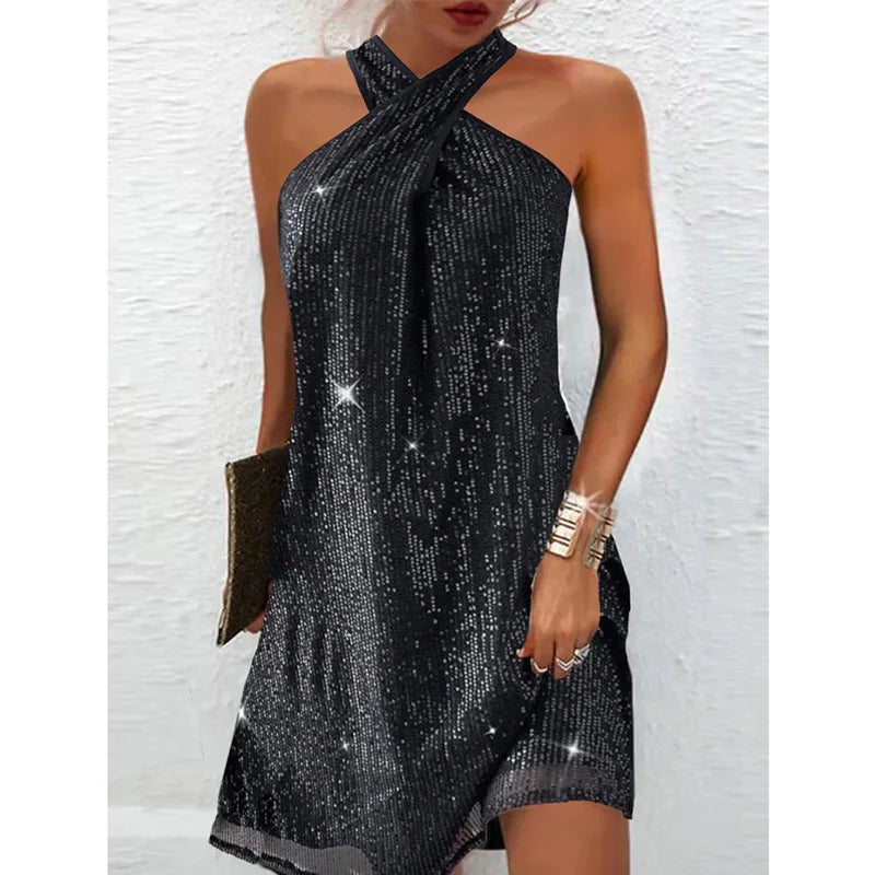 🍒Halter strapless dress sparkly women's clothes strapless sequin  mini outfit sleeveless party wear occasion wear clubbing wear Slip On A-Sensual Slippy Slip